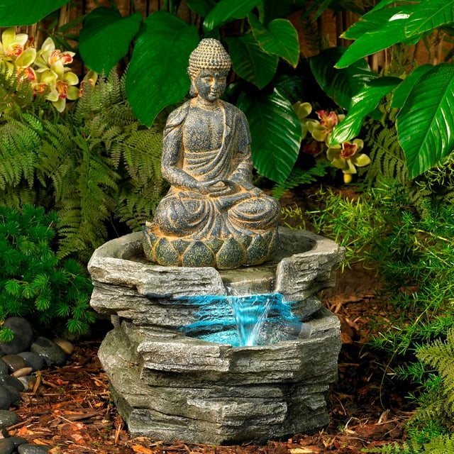 John Timberland Rustic Zen Buddha Outdoor Floor Water Fountain with Light LED 21" High Sitting for Yard Garden Patio Deck Home