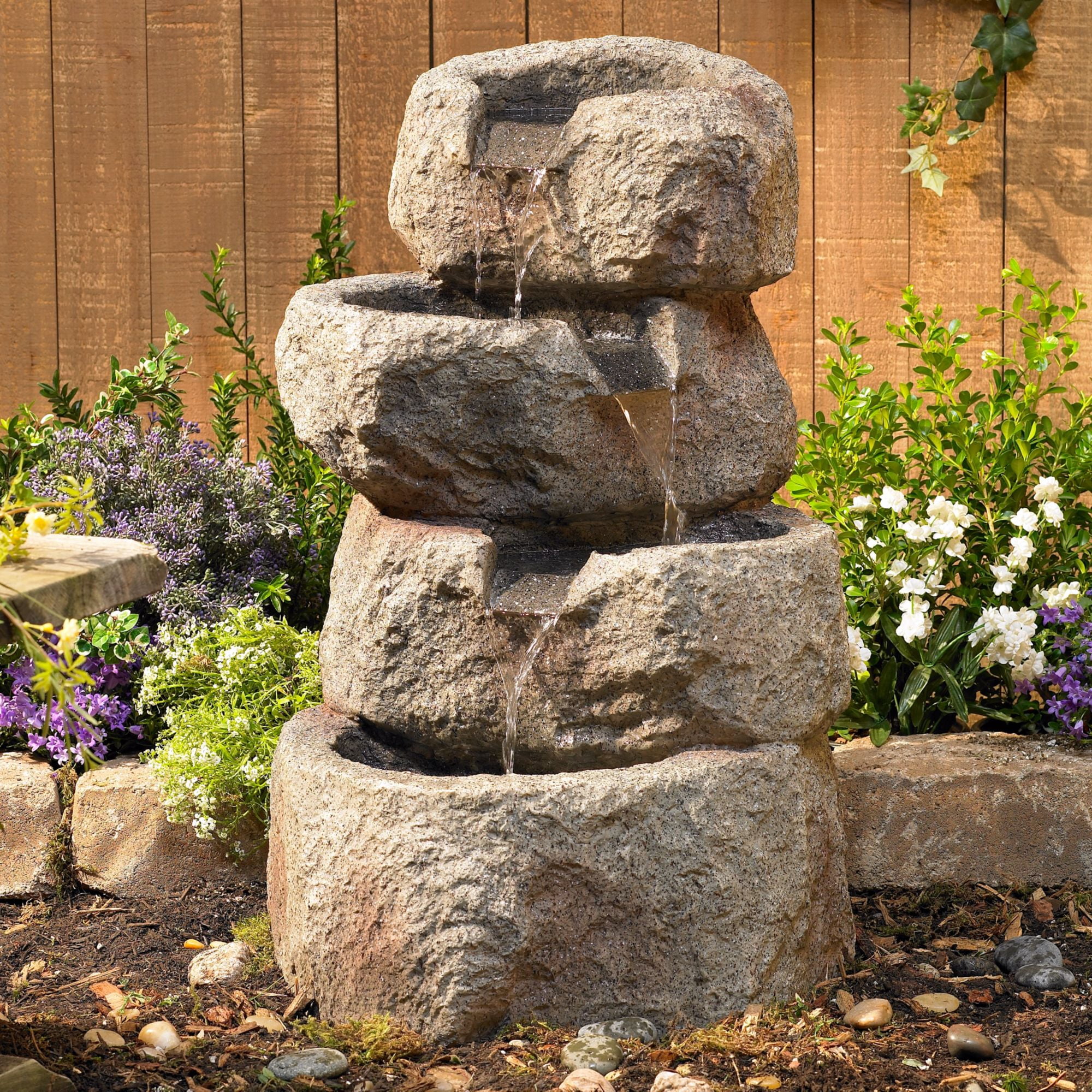 Zen Rustic Rock Outdoor Water Fountain with LED Lights