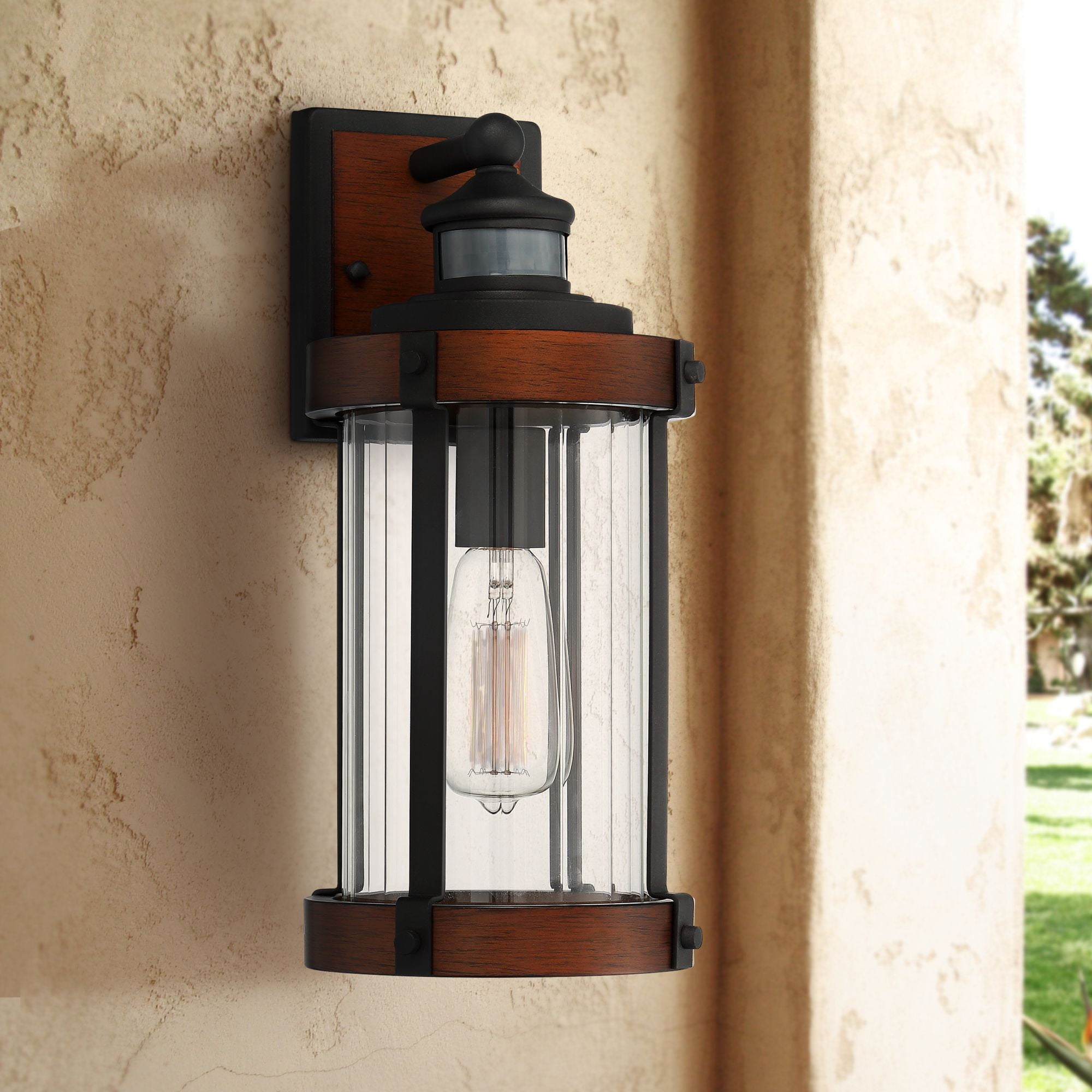 John Timberland Stan Industrial Outdoor Wall Light Fixture Dark Faux Wood  Black Motion Sensor 15 1/2