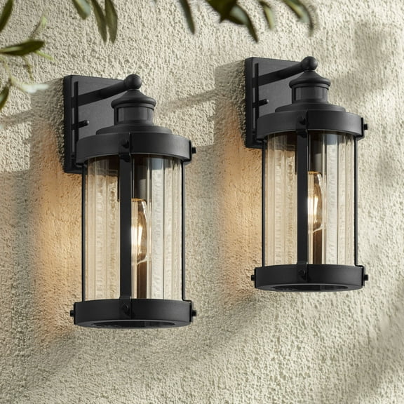 John Timberland Stan Industrial Outdoor Wall Light Fixtures Set of 2 Textured Black Motion Sensor 15" Clear Glass for Exterior Barn