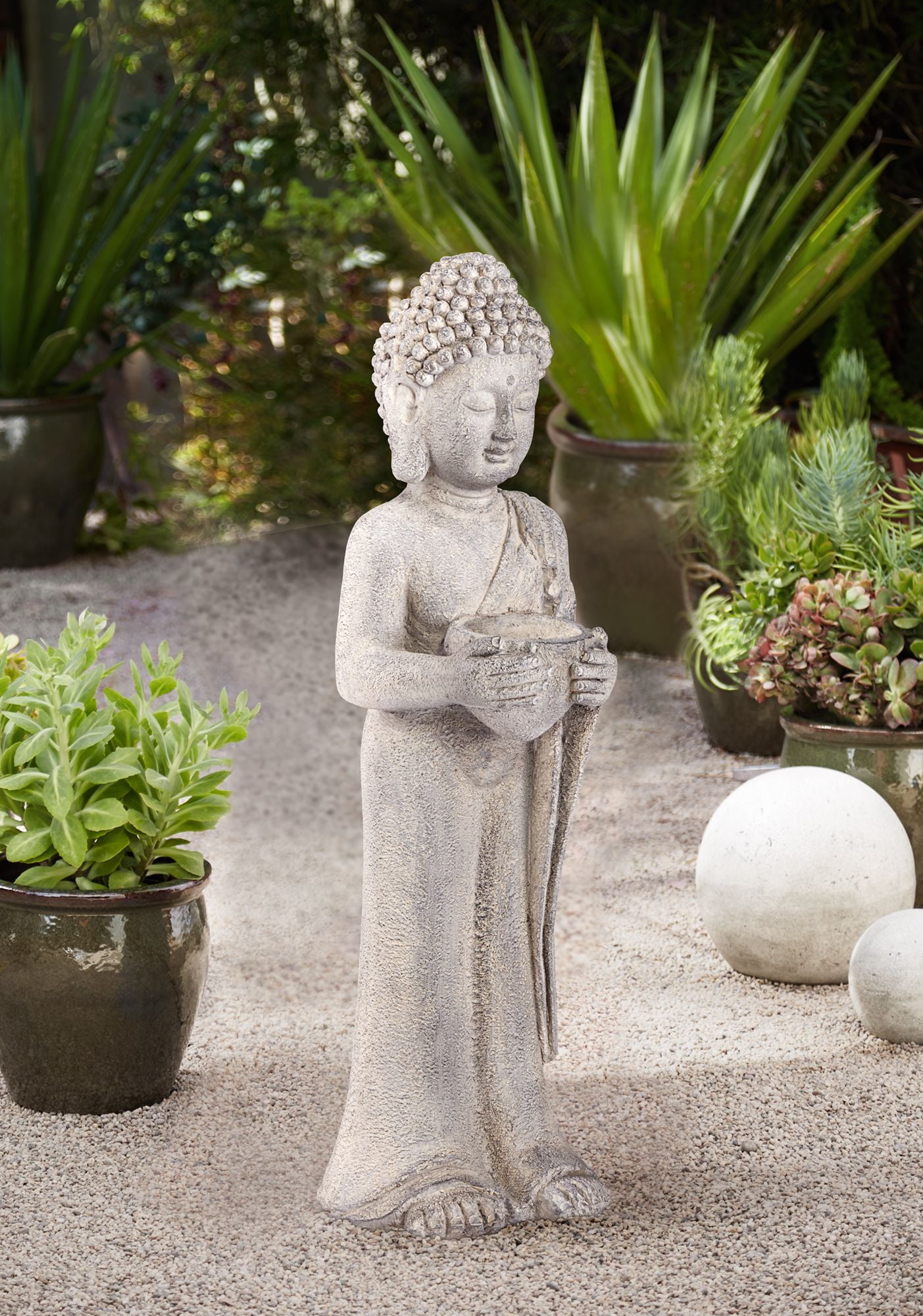 Gray Faux Stone Standing Buddha Zen Garden Statue