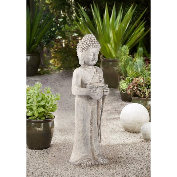 John Timberland Standing Buddha Statue Sculpture Zen Asian Garden Decor Indoor Outdoor Front Porch Patio Gray Faux Stone 32" Tall