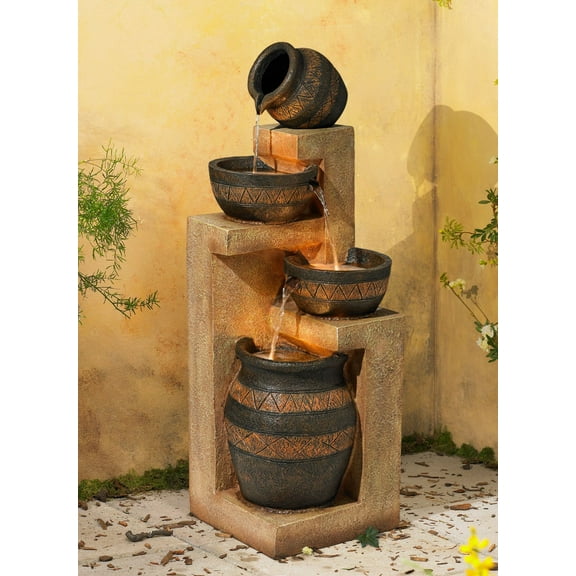 Cascading Bowl and Jug 46" High Large Rustic Indoor Outdoor Decor Faux Stone Floor Fountain with Light LED