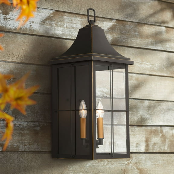 John Timberland Sunderland Rustic Mission Outdoor Wall Light Fixture Black Gold 24 3/4" Clear Glass for Post Exterior Barn Deck House Porch Yard Patio