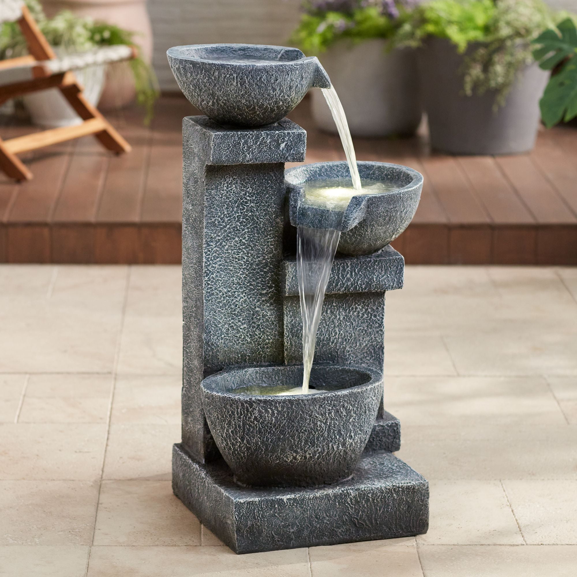 Gray Faux Stone Cascading LED Floor Fountain with Three Bowls