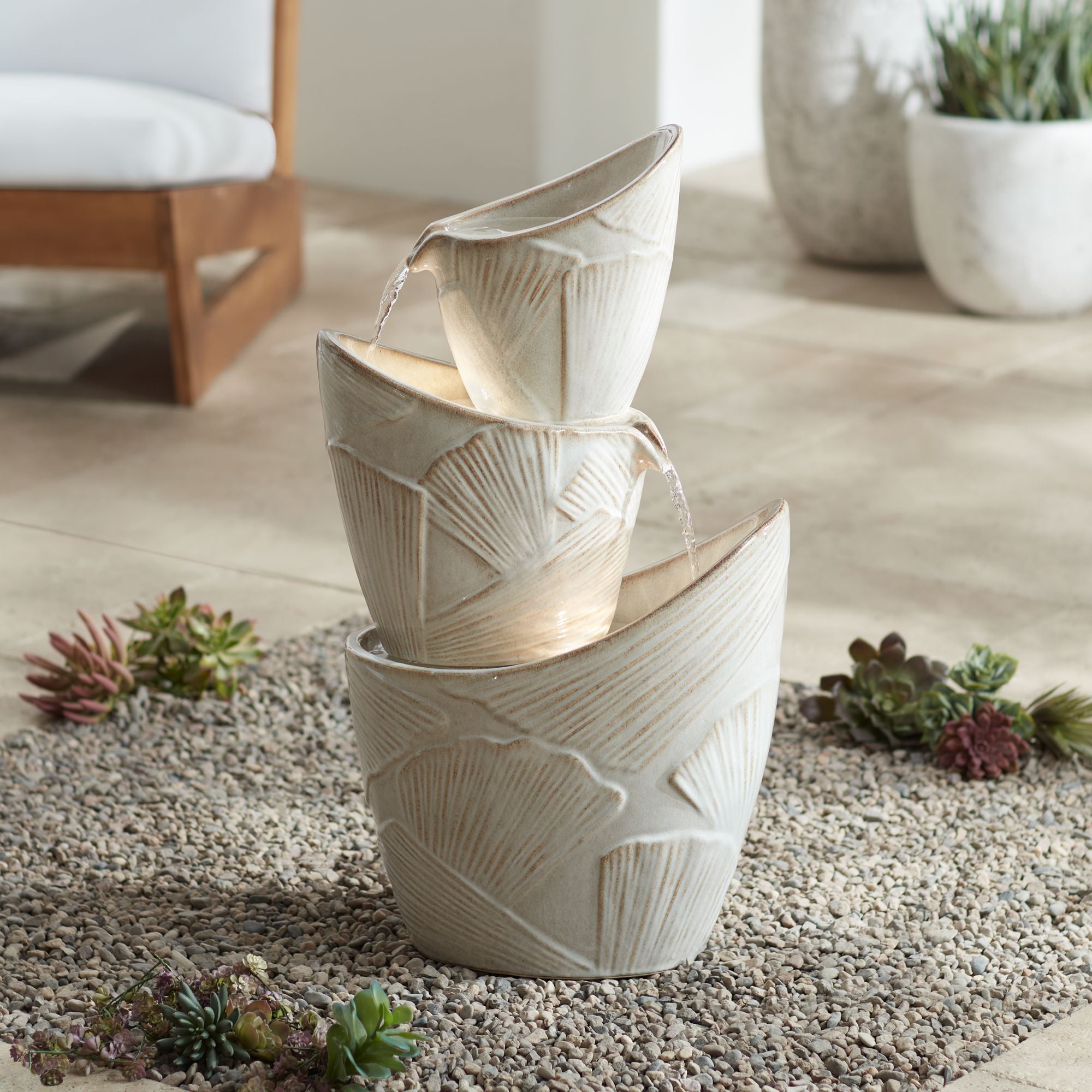 Ivory Trio Urn LED Cascading Rustic Outdoor Fountain