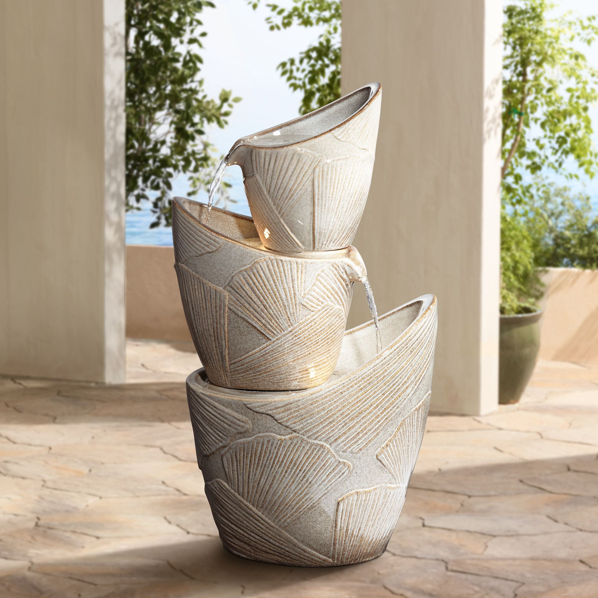 Ivory Trio Urn LED Cascading Rustic Outdoor Fountain