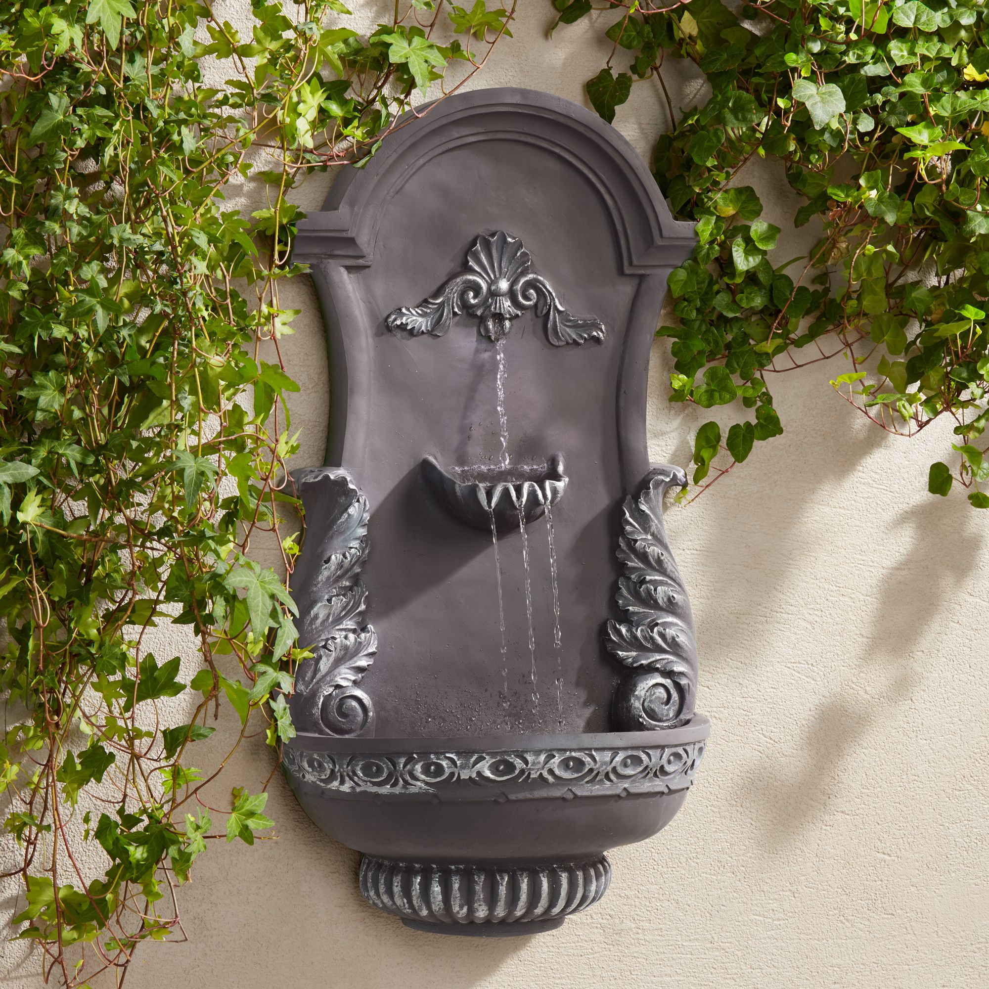 Tivoli Smoke Gray Ornate Resin 33" Two-Tier Wall Fountain