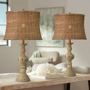John Timberland Trinidad Country Cottage Table Lamps 26 1/2 High Set of 2 Antique White Candlestick Rattan Tapered Drum Shade for Bedroom Living Room