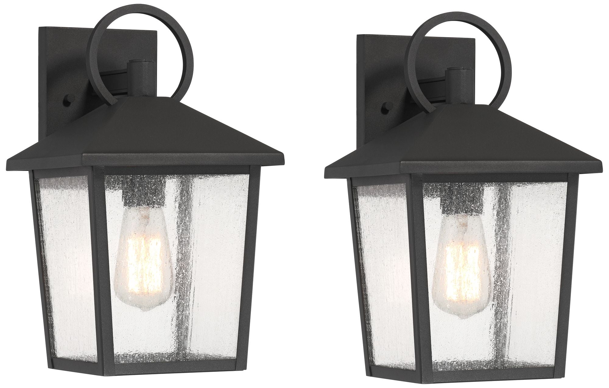 John Timberland Westmont 13 3/4" High Modern Outdoor Wall Light Fixture Mount Porch House Set of 2 Sand Black Aluminum Glass Shade