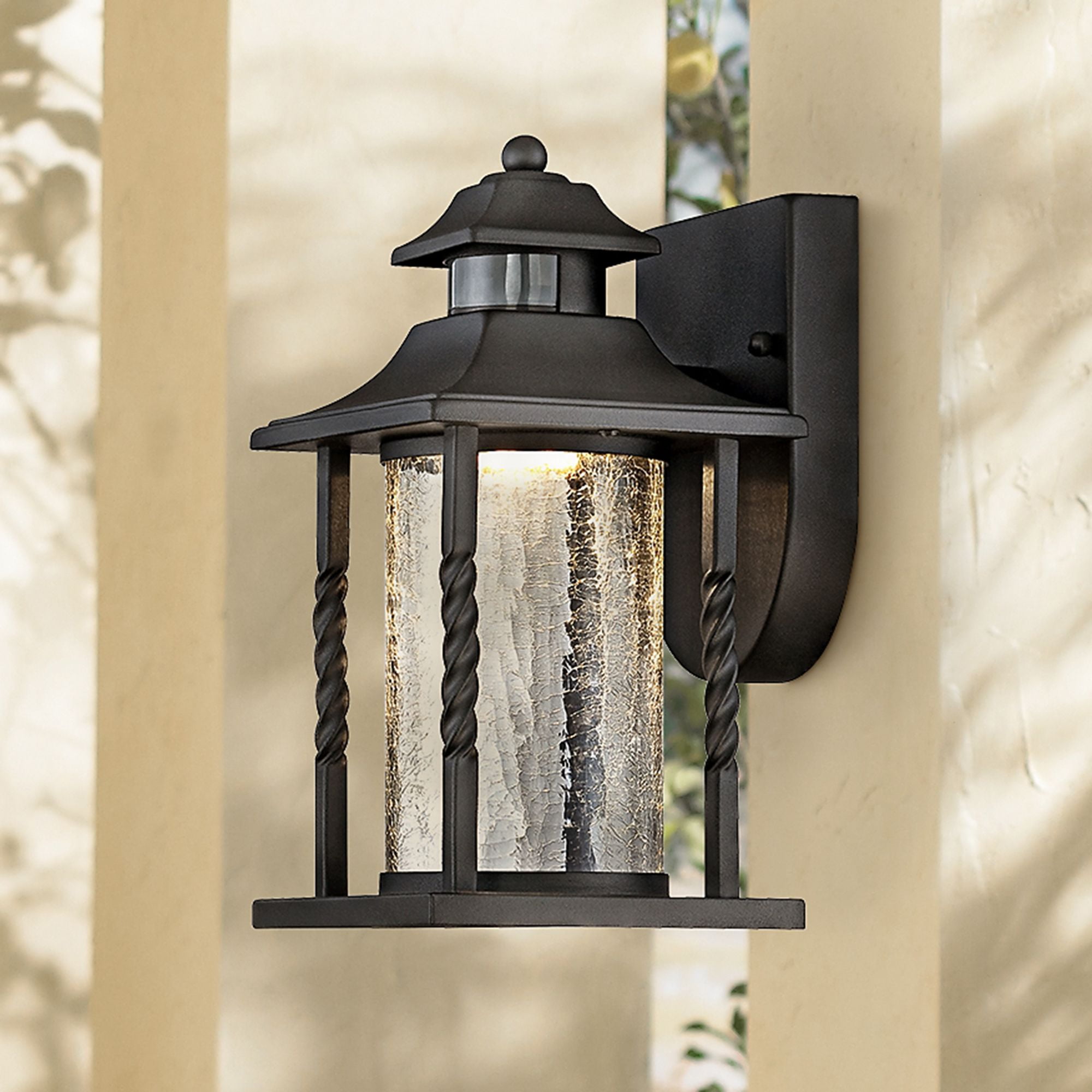 John Timberland Westray Mission Outdoor Wall Light Fixture Black LED Motion Sensor Dusk to Dawn 11 1/2" Clear Crackled Glass for Post Exterior House