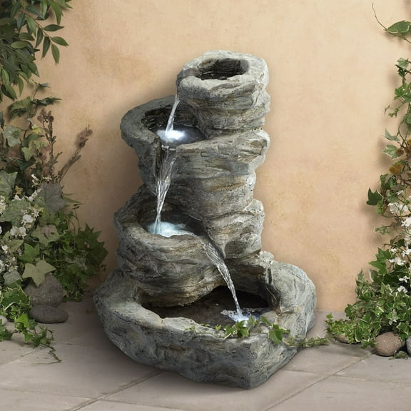 Rock Cascade 22" High Large Zen Rustic Outdoor Decor Gray Faux Stone Floor Fountain with Light LED Garden