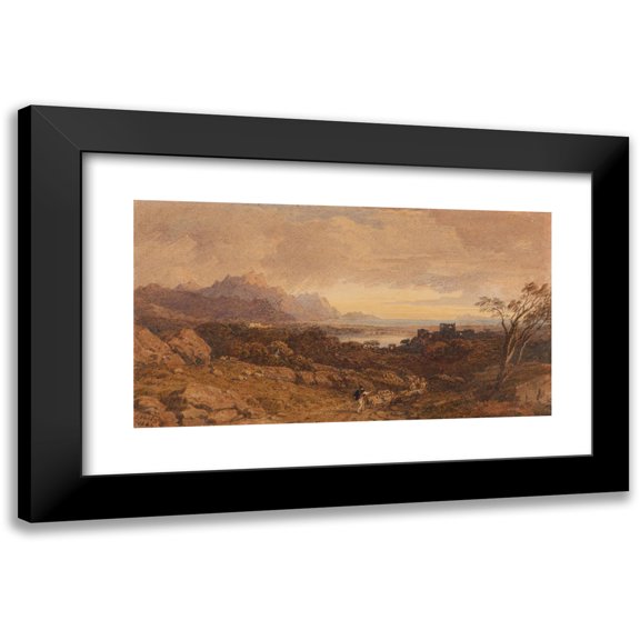 John Varley 14x10 Black Modern Framed Museum Art Print Titled - Romantic Landscape with Distant Mountains (1842)