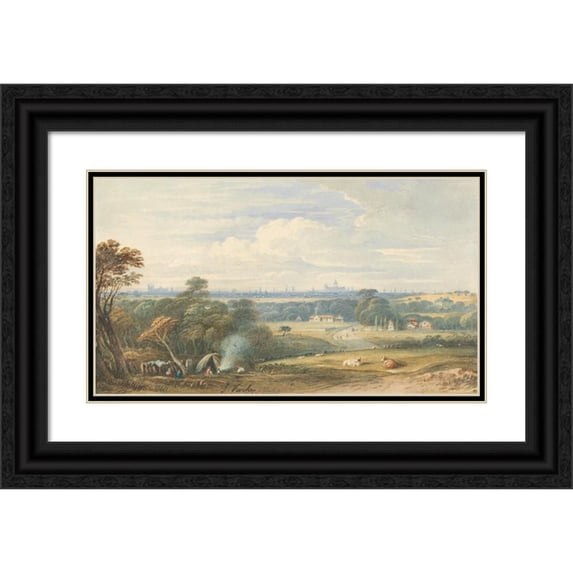 John Varley 14x10 Black Ornate Wood Framed Double Matted Museum Art Print Titled: London from the South West (1831)