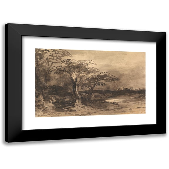 John Varley 14x11 Black Modern Framed Museum Art Print Titled - River, Trees and Distant Town