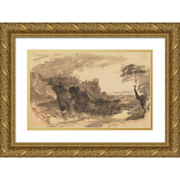 John Varley 14x11 Gold Ornate Wood Frame and Double Matted Museum Art Print Titled - Romatic Landscape with a Castle and a Tree on the Right