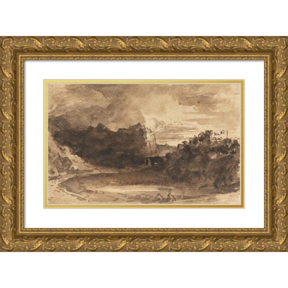 John Varley 18x13 Gold Ornate Wood Frame and Double Matted Museum Art Print Titled - Romantic Landscape with Cliffs and a Castle