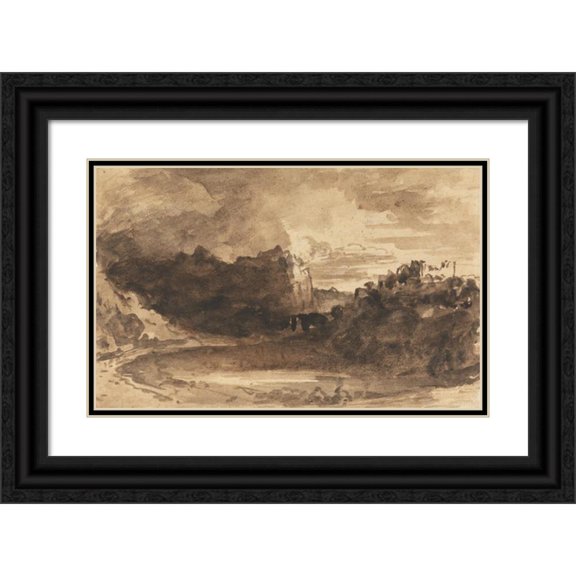 John Varley 24x17 Black Ornate Framed Double Matted Museum Art Print Titled: Romantic Landscape with Cliffs and a Castle