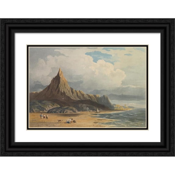 John Varley 24x18 Black Ornate Framed Double Matted Museum Art Print Titled: Figures on the Beach at Barmouth, North Wales