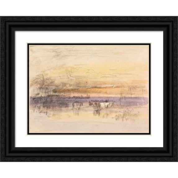 John Varley 24x19 Black Ornate Framed Double Matted Museum Art Print Titled: Cattle Watering at Sunset