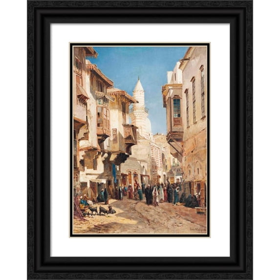 John Varley the Younger 11x14 Black Ornate Wood Framed Double Matted Museum Art Print Titled: A Bustling Street Before the Mosque of Emir Mindar, Cairo (1880)