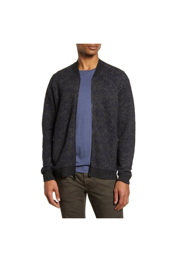Men's Navy Wool Blend Jacquard Regular Fit Cardigan