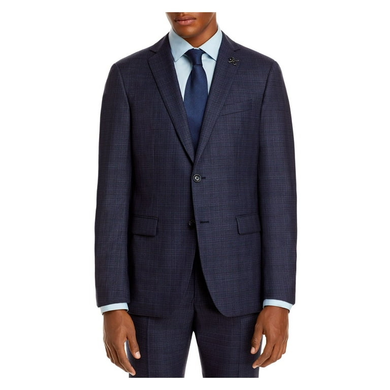 John Varvatos Mens Navy Plaid Slim Fit Wool Blend Suit Separate Blazer Jacket 38R