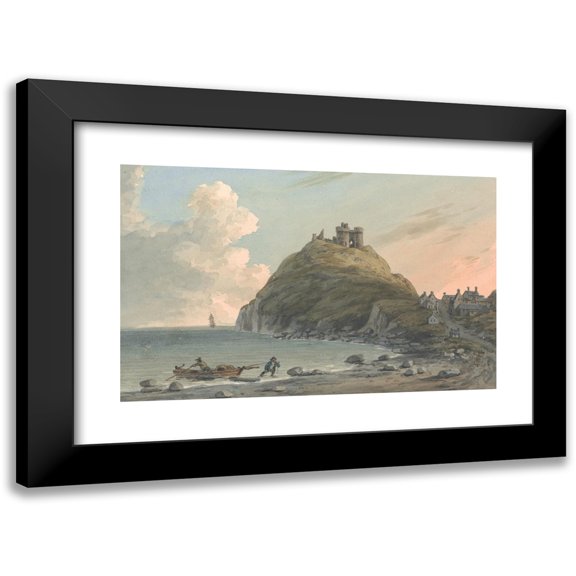John Warwick Smith 14x11 Black Modern Framed Museum Art Print Titled - Ruins of Criccieth Castle and Part of the Town on the Bay on Cardigan. East View, Caernarfonshire (1790)