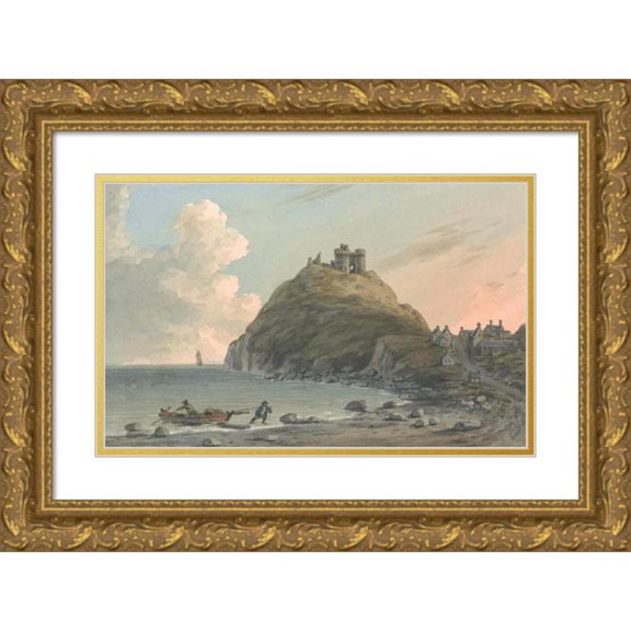 John Warwick Smith 18x13 Gold Ornate Wood Frame and Double Matted Museum Art Print Titled - Ruins of Criccieth Castle and Part of the Town on the Bay on Cardigan. East View, Caernarfonshire