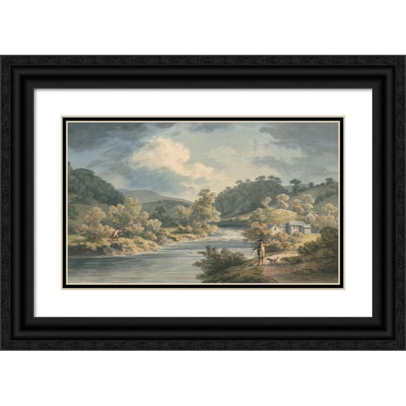 John Warwick Smith 24x16 Black Ornate Framed Double Matted Museum Art Print Titled: A Fisherman in the Vale of Myfod, Site of the Palace of the Princess of Powis