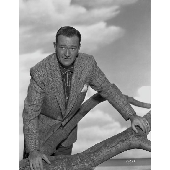 John Wayne leaning on a Wood wearing a Striped Suit in a Portrait Photo Print (8 x 10)