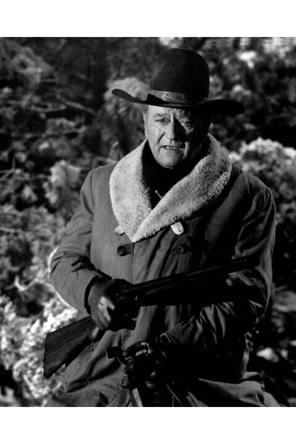 John Wayne on horseback in long coat with lambswool collar Cahill 8x10 photo