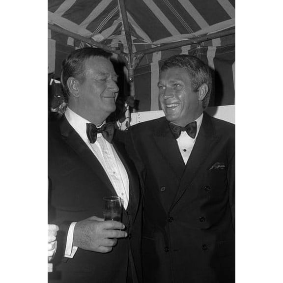 John Wayne with arm around Steve McQueen holding drink 24x36 Poster