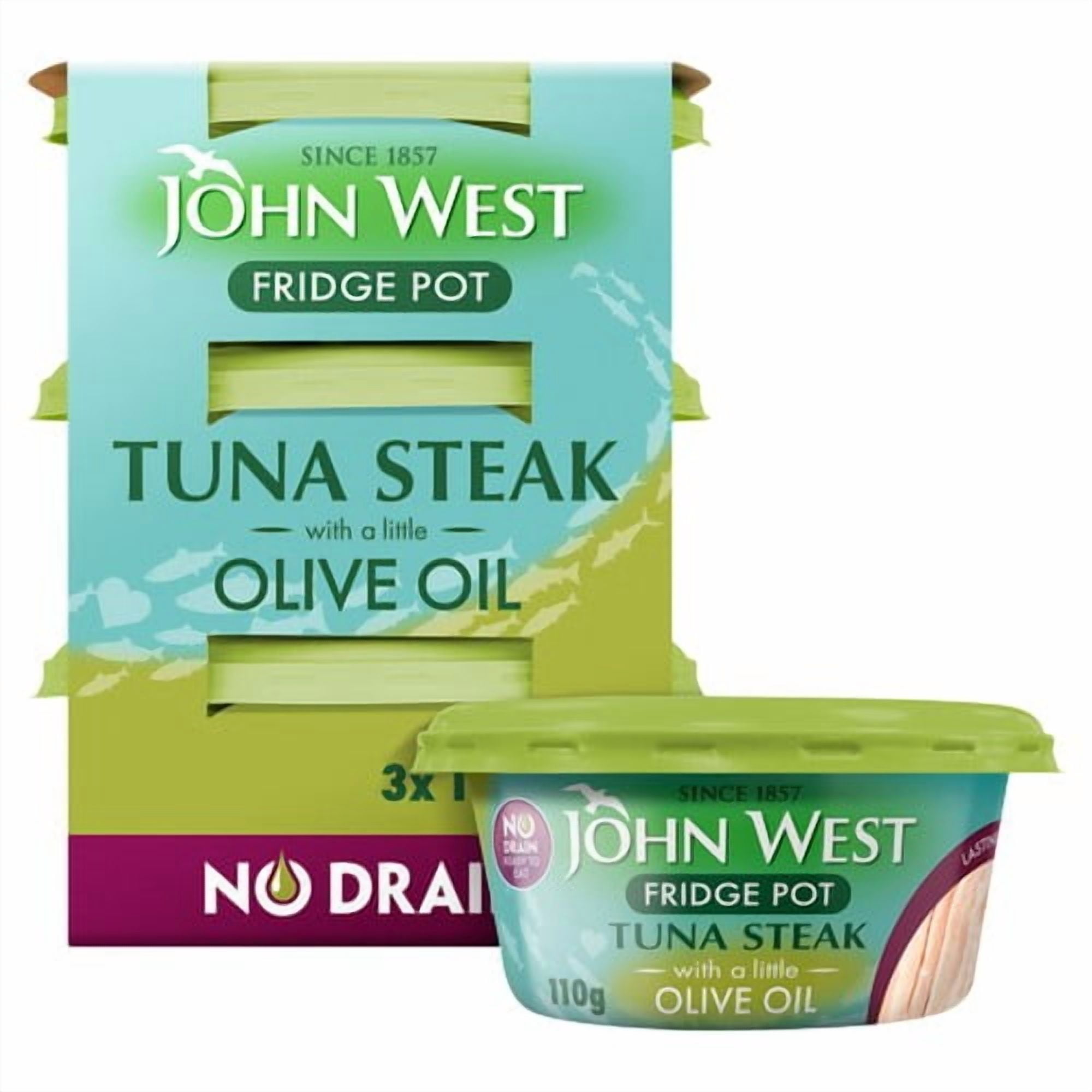 John West No Drain Fridge Pot Tuna Steak with a Little Olive Oil 3 x 110g, British Import (Pack of 3)