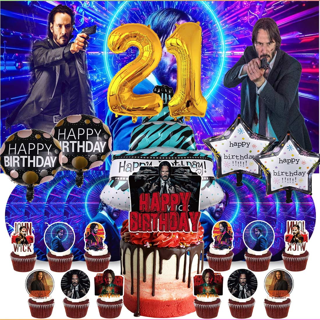 John Wick 21th Tableware Balloons Cake Toppers Backdrop Banner Supplies ...