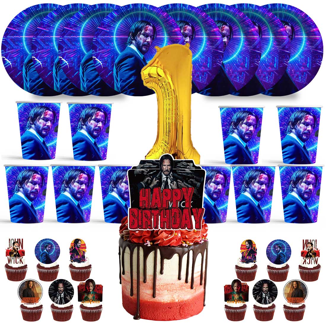 John Wick Birthday 1st Cups Party Supplies Plates Fans Decorations Cake ...
