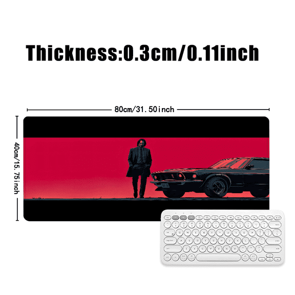 John Wick Inspired Mouse Pad 31.5 x 11.82 inches Rubber Desk Mat with Hero and Muscle Car Art, Red Background, Office and Gaming Use