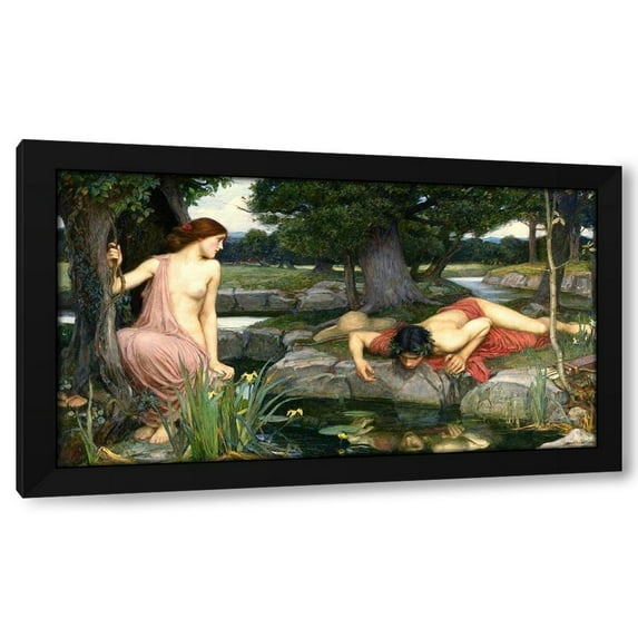John William Waterhouse 24x15 Black Modern Wood Framed Wall Art Titled - Echo and Narcissus, 1903