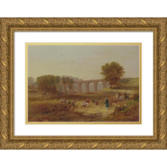 John Wilson Carmichael 14x11 Gold Ornate Wood Frame and Double Matted Museum Art Print Titled - Corby Viaduct, the Newcastle and Carlisle Railway
