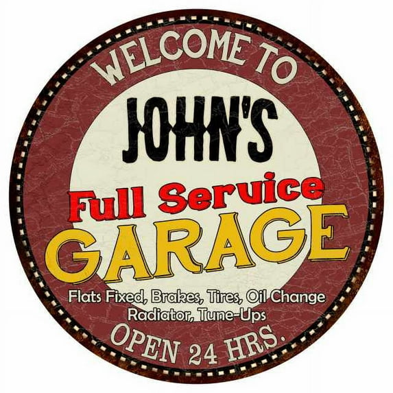 John's Full Service Garage 14" Round Metal Sign Man Cave Decor 100140037074