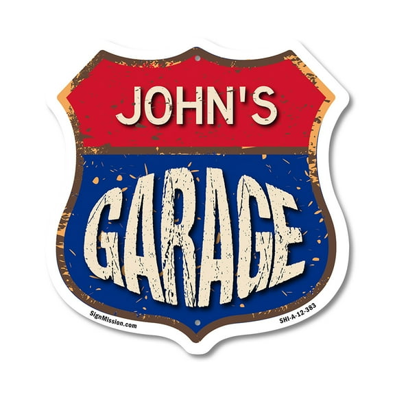 John's Garage 12 inch X 12 inch Shield-Shaped Rust-Free Aluminum Metal Sign Weather Resistant, UV Protected To last, Gift for Dads and Uncles Classic Americana Crafted in the USA