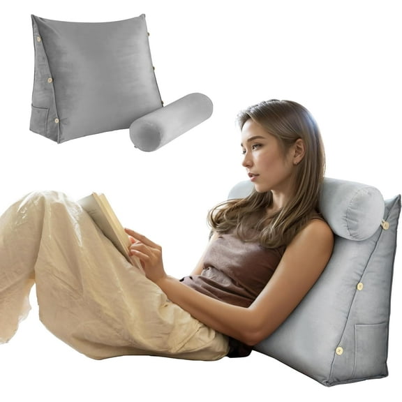 Johnear Adjustable Triangle Wedge Reading Pillow Neck Back Support Throw Pillow with Bolster for Sitting Up in Bed Daybed or on Sofa Reading Couch with Removable Velvet Cover23.5 * 8 * 20IN,Gray