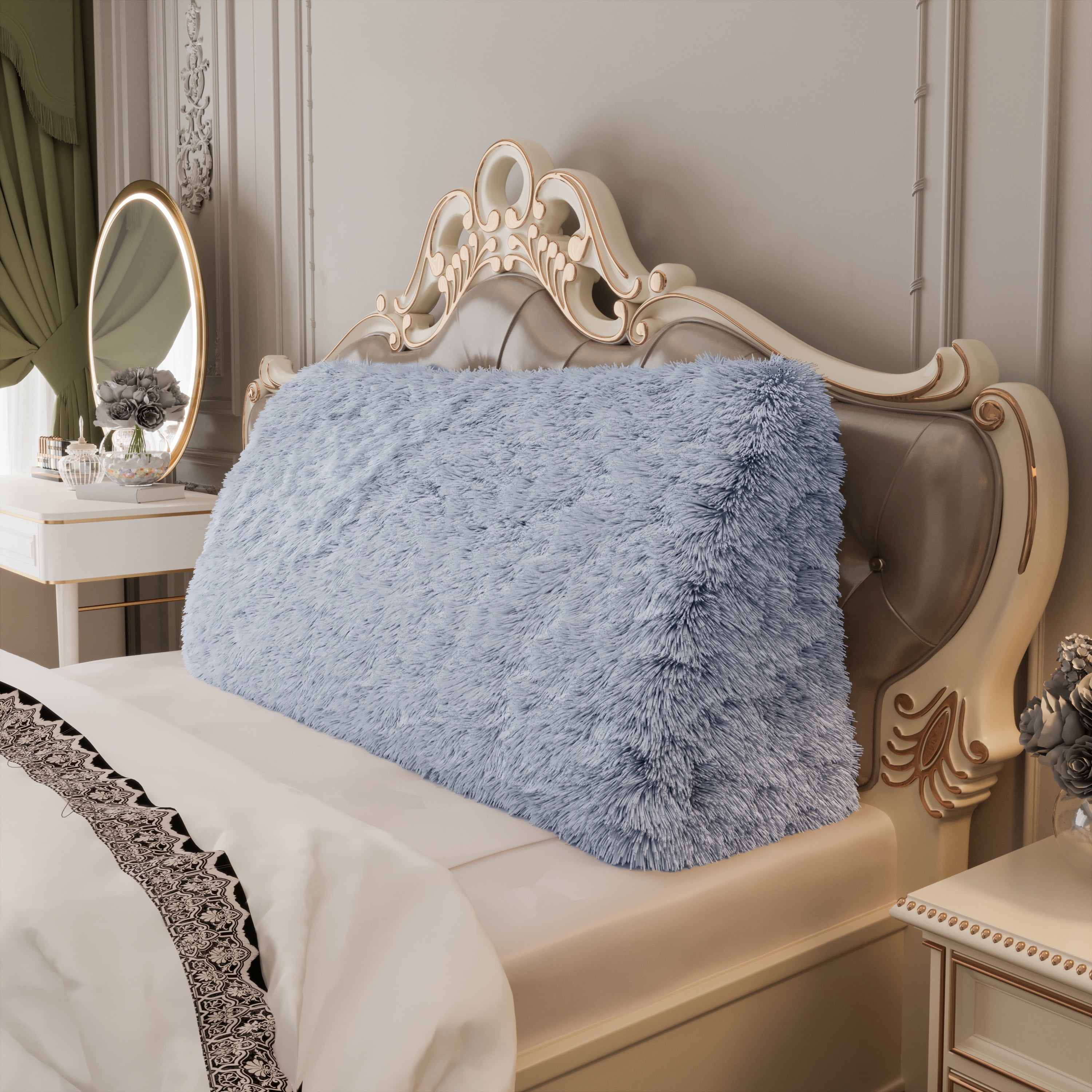 Johnear Headboard Wedge Pillow Blue Plush Large Triangle Reading Pillow for Sitting up in Bed