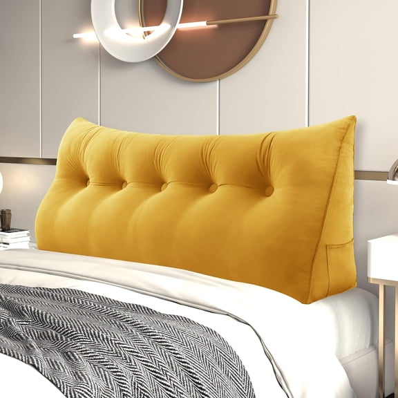 Johnear Headboard Wedge Pillow Large Bolster Reading Pillows for Sitting in Bed Adult,Velvet Triangular Cushion Backrest Lumbar Back Support Upholstered Daybed Sit Up Book Pillows（Yellow,Queen）