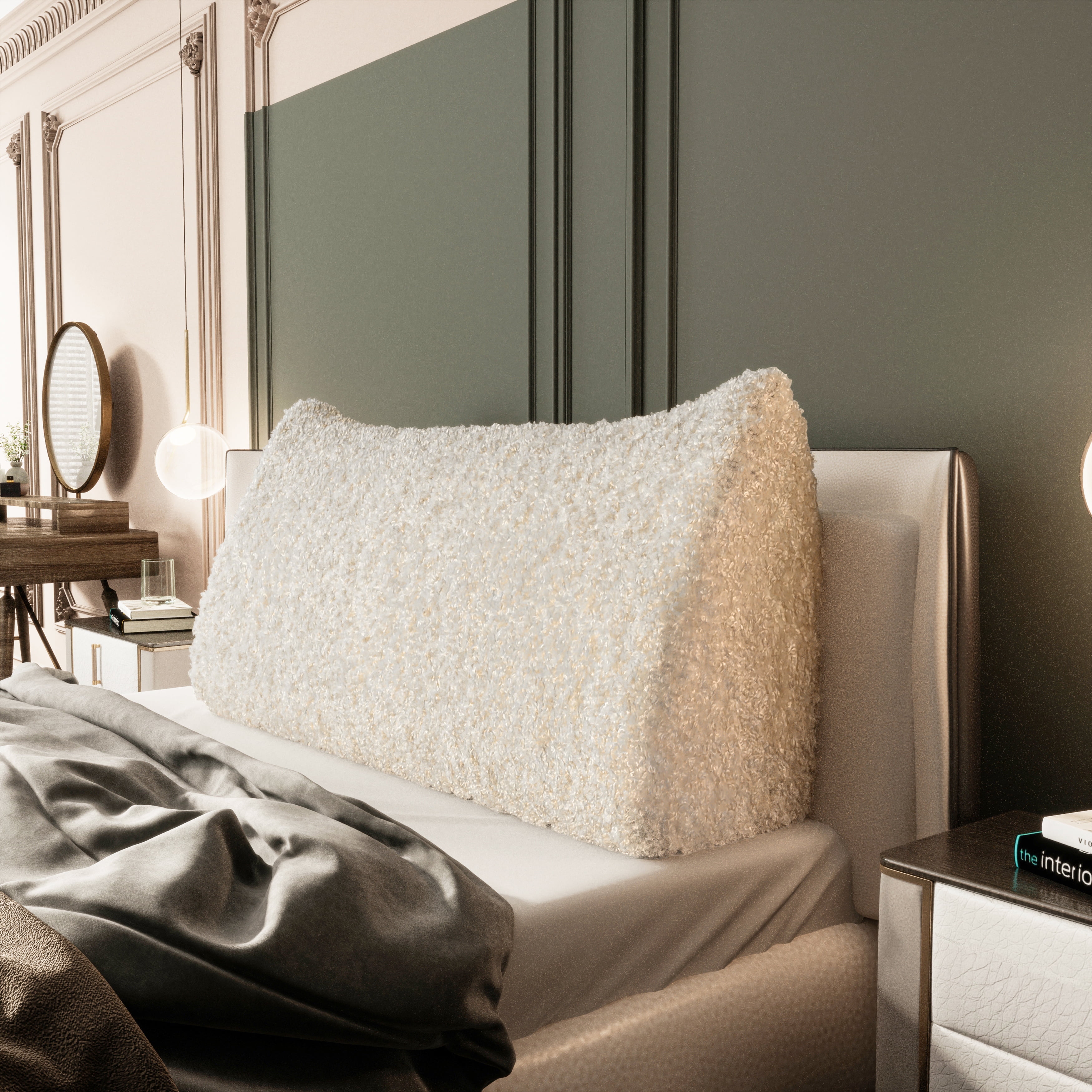 Johnear Headboard Wedge Pillow White Curly Plush Large Triangle Reading Pillow for Sitting up in