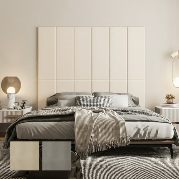 Johnear Peel and Stick Headboard for King Size Bed in Beige, Pack of 12 Panels for Bed Backboard, Waterproof Faux Leather 3D Padded Wall Panels, Upholstered Wall Panel 35.4*11.8*1.9‘’