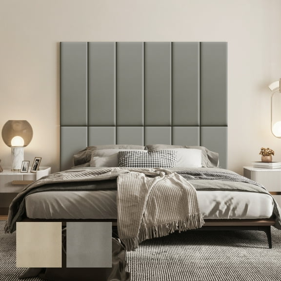 Johnear Peel and Stick Headboard for King Size Bed in Darkgray, Pack of 12 Panels for Bed Backboard, Waterproof Faux Leather 3D Padded Wall Panels,  Upholstered Wall Panel 35.4*11.8*1.9‘’