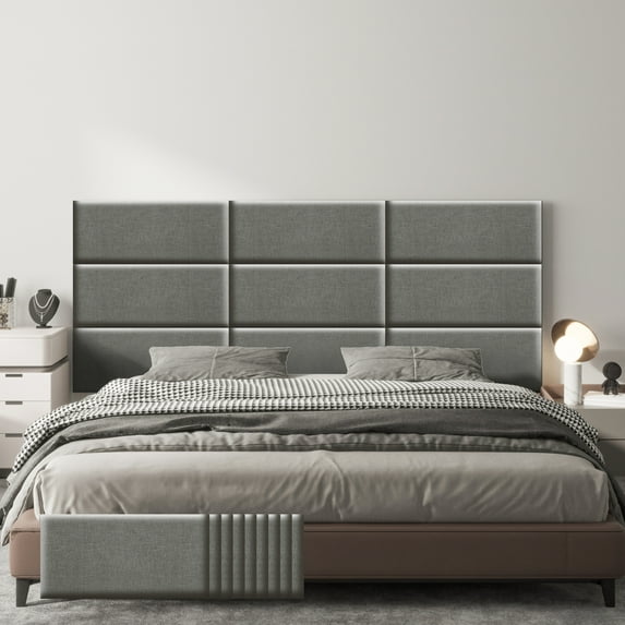 Johnear Peel and Stick Headboard for Queen Size Bed in Darkgray, Pack of 9 Panels for Bed Backboard, Soundproof Linen 3D Padded Wall Panels, Upholstered Wall Panel 23.6*11.8*1.9’’