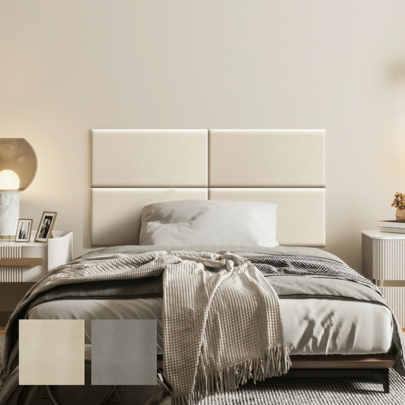 Johnear Peel and Stick Headboard for Twin Size Bed in Beige, Pack of 4 Panels for Bed Backboard, Waterproof Faux Leather 3D Padded Wall Panels, Upholstered Wall Panel 23.6*11.8*1.9’’