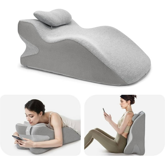 Johnear Reading Pillows for Sitting in Bed Adult Back Pillow for Bed Sitting Up, Back Support Pillow for Bed with Adjustable Headrest,Memory Foam Pillows for Abdomen, Lumbar, Back, Grey